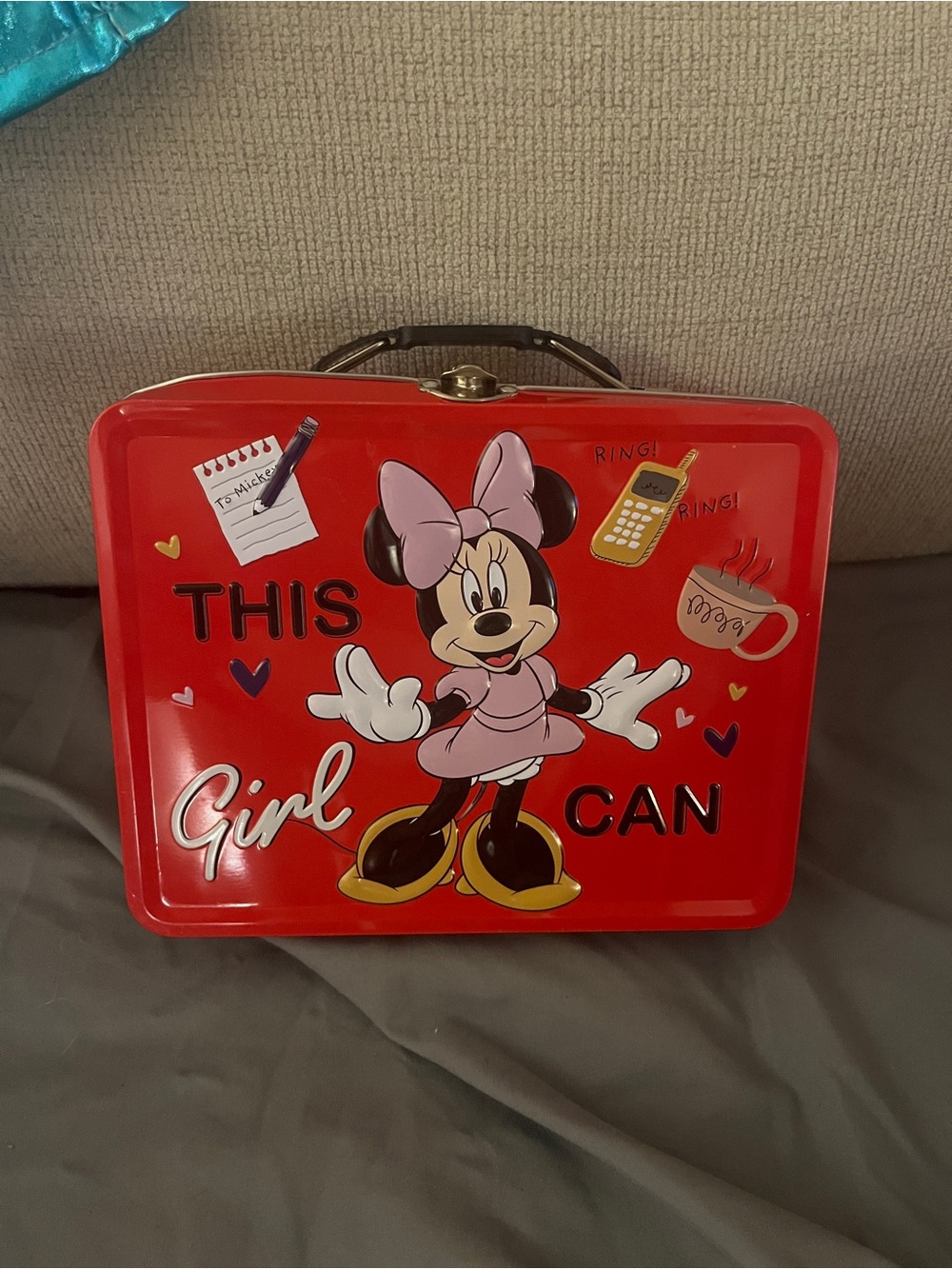 Disney Minnie Mouse Red Tin Lunchbox with Pink Bow Artwork